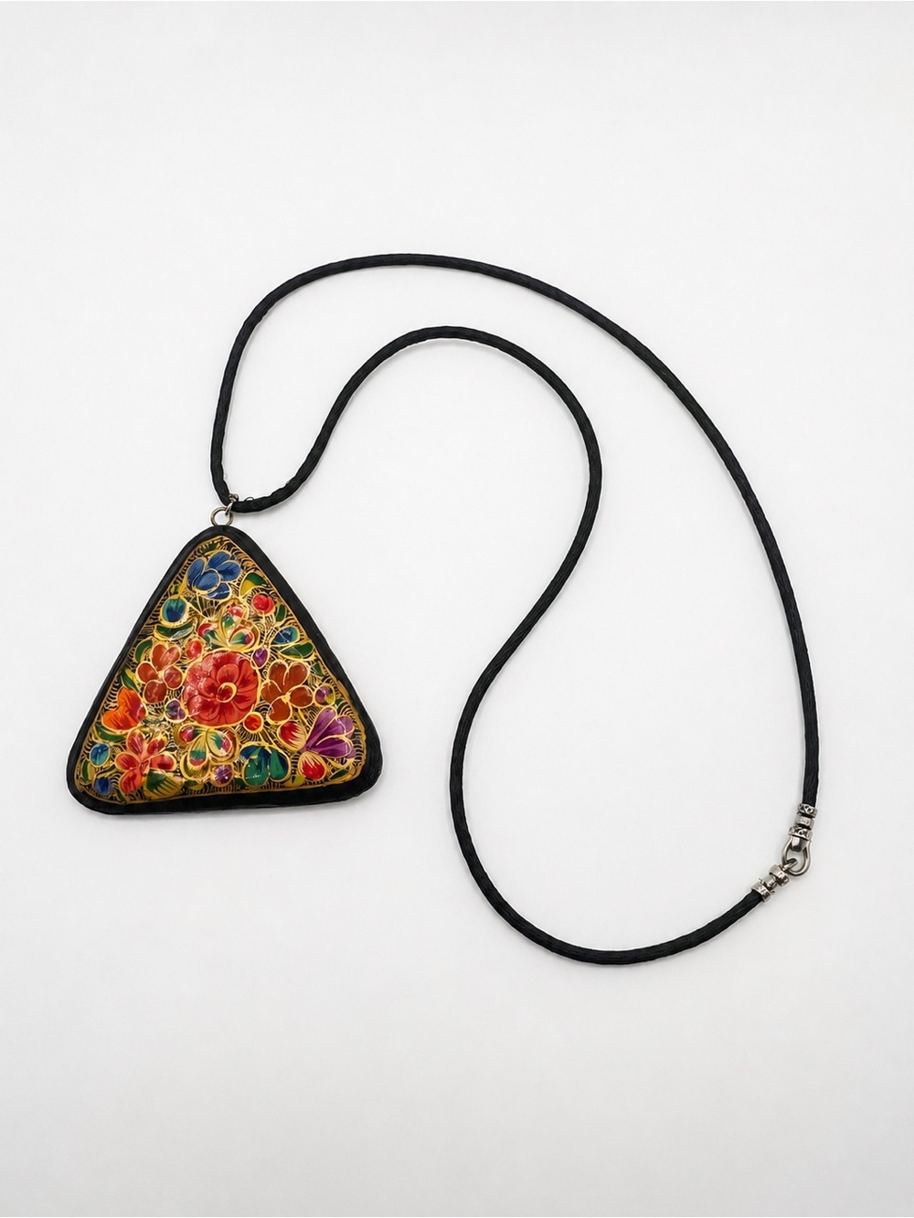 Vintage Cloisonne Enamel Floral Triangle Pendant Necklace Black Cord 24" Artisan